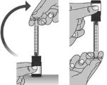 Disegno tecnico che mostra due mani che ruotano una penna iniettore per regolare la dose con una freccia curva che indica il movimento