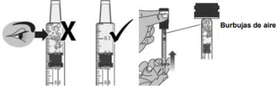 Diagramma medico che mostra due siringhe per confrontare la presenza di bolle d'aria con una X e l'assenza di esse con un segno di spunta