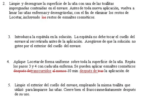 Spanish text with red corrections explaining how to clean the nails, use the spatula, and apply the Locetar medication evenly
