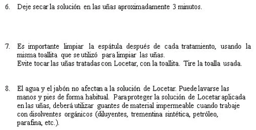 Spanish text on a white background with points 6, 7, and 8 explaining how to dry the solution, clean the spatula, and wash hands and feet