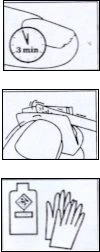 Three line diagrams showing a timer labeled '3 min', a hand holding a medical device, and a bottle next to a pair of gloves