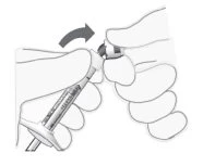 Two hands rotating the upper part of an injection pen clockwise following the direction of a black curved arrow