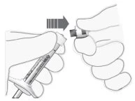 Two hands removing a protective cap from an injection pen with a lateral movement indicated by a gray arrow