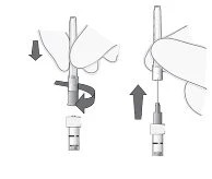 Diagram showing how to press down and rotate a medical device to engage it with an underlying component, indicated by a downward arrow