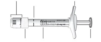 Technical drawing of a Novartis pre-filled syringe with labels indicating device parts using black lines and brackets