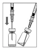 Schema tecnico che mostra una siringa con ago che punta verso il basso per aspirare liquido da un flaconcino e una seconda siringa inclinata