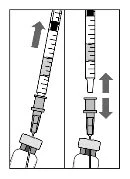 Diagramma che mostra due fasi: l'estrazione del liquido con siringa e ago inclinati e il movimento verticale del pistone per aspirare il farmaco