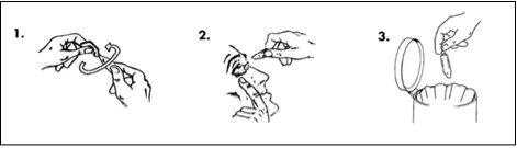 Tre disegni sequenziali mostrano come aprire un flaconcino: rimuovere il tappo, premere il dito sulla parte superiore e sollevare il tappo