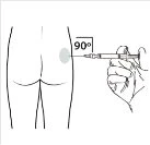 Technical drawing of a hand inserting a needle from a syringe into the buttock at a 90-degree angle relative to the skin