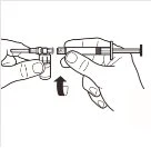 Two hands handling a syringe and a vial, with a curved arrow indicating the liquid aspiration movement from the container