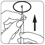 Disegno tecnico che mostra due mani che impugnano una siringa con un ago rivolto verso l'alto