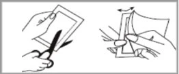 Technical drawing showing a hand cutting a container with scissors and a