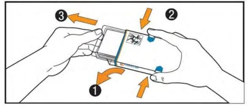 Two hands opening a medication package following three numbered steps indicated by orange arrows to remove the medical device