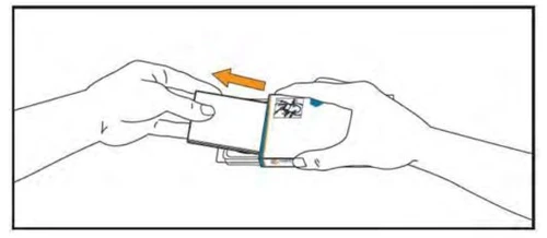 Two hands opening a medication container or package to the left, following the direction of an orange arrow