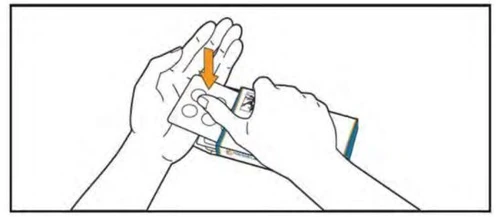 Two hands holding a tablet blister pack and a medicine box, with an orange arrow pointing to the blister to indicate the