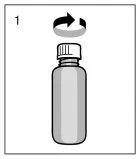 Schematic illustration of a bottle with a curved arrow above the cap indicating clockwise rotation and the number 1 in the upper left corner