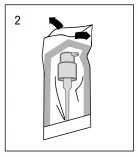 Technical drawing of a plastic pouch containing a pressurized dispenser bottle, with black arrows indicating the opening motion