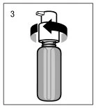 Numbered diagram showing a black curved arrow indicating counter-clockwise rotation of the cap on a cylindrical bottle