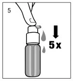 A hand pressing the dispenser of a bottle with a downward arrow and the symbol 5x next to two drops of liquid falling