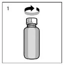 Illustrazione in bianco e nero di un flaconcino con un tappo e una freccia curva sopra che indica il movimento di rotazione in senso orario