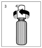 Illustrazione tecnica di un flacone con un tappo che viene ruotato verso sinistra indicato da una freccia nera circolare su sfondo bianco