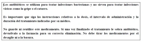 Testo in spagnolo su sfondo bianco che spiega l'uso degli antibiotici, l'importanza di seguire le dosi mediche e come smaltire il farmaco residuo