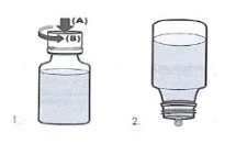 Two-step diagram showing how to press down on the vial cap and twist it to remove it from the container