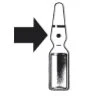 A horizontal black arrow points to a vertical glass vial with a narrow neck and a cylindrical body filled with liquid