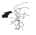 Line drawing showing a hand pressing a medical device onto a vial held by another hand