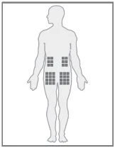 Gray silhouette of a full human body with four groups of small dark squares positioned on it