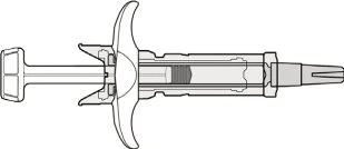 Black-and-white technical drawing of a syringe with removable plunger, cylindrical body, and needle tip for injection