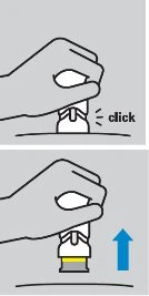 Disegno in due fasi che mostra una mano che preme un dispositivo medico fino al clic e poi lo solleva verso l'alto con una freccia blu