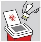Una mano getta un contenitore con simbolo di rischio biologico in un contenitore per lo smaltimento dei rifiuti medici rosso e bianco
