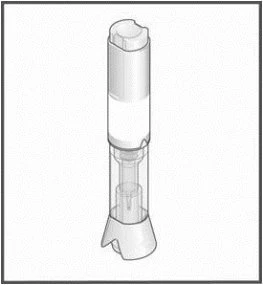 Cylindrical transparent medical device with white base and top, and a visible internal piston for administration