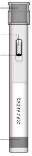 Cylindrical medical device with upper cap, central viewing window, and expiration date indicated on the white body