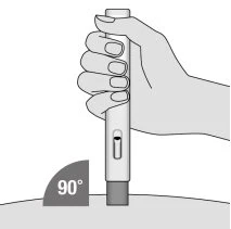 A hand holds an injection pen vertically positioned at a 90-degree angle to the skin surface for administration