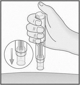 A hand holds a medical injection pen vertically with a magnified detail showing the direction of downward pressure