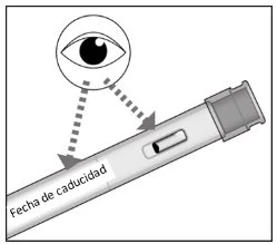 Schematic drawing of an injection pen with a magnified view showing the