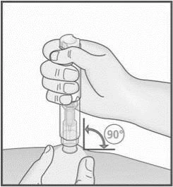 A hand holds a transparent injection pen vertically at a 90-degree angle to the skin surface of the thigh or