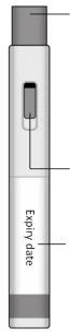 Technical drawing of an injection pen with labels indicating upper cap, activation button, and expiration date on the body