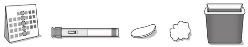 A calendar with squares, an injection pen, an oval pill, a cotton swab, and a medical waste container