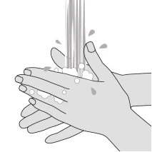 Two gray hands washing under a water stream