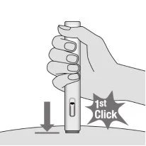 A hand holding a cylindrical medical device pressing it downward onto a curved surface with an arrow and the text '1st Click'