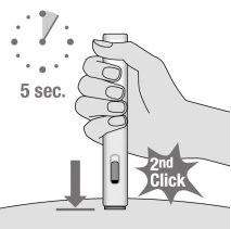A hand holding an auto-injector pressed against the skin with a clock indicating 5 seconds and the text '2nd Click'