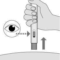 Drawing of a hand holding a medical device with an eye observing a transparent window and an arrow pointing toward the
