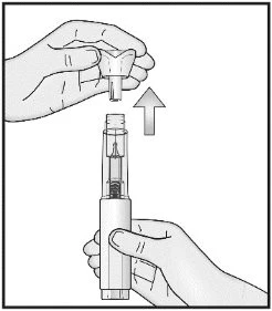 Two hands separating a protective upper cap from a medical injection pen with an arrow pointing upward