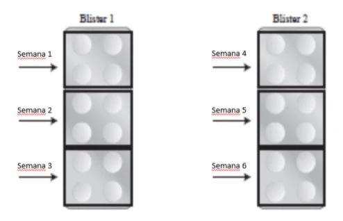 Two rectangular blister packs with circular cells, divided into three rows each, labeled with weeks 1 to 6 to indicate the dosing cycle