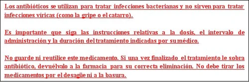 Testo in spagnolo su sfondo bianco che spiega l'uso degli antibiotici, l'importanza di seguire le dosi mediche e come smaltire il farmaco residuo