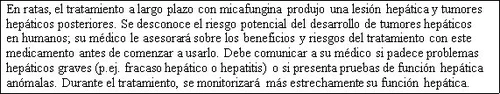 Text in Spanish warning of risks of injuries and liver tumors due to