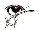 Black and white drawing showing a dropper dispensing a drop of liquid into the eye